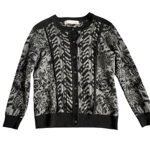 Vintage Camela Sweater Button up Size 40 Black Gray Floral Merino Wool Blend
